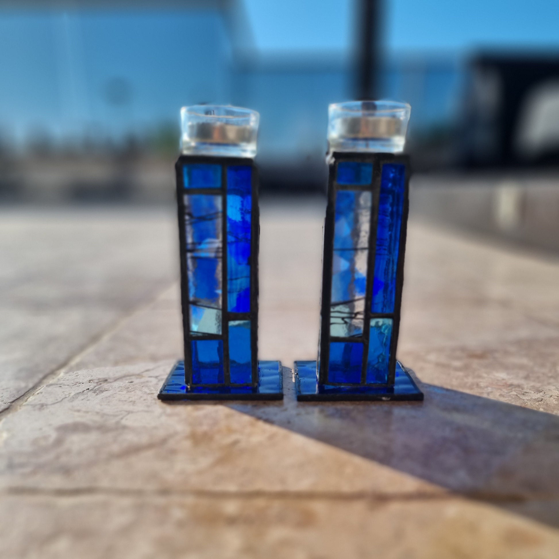 Shabbat stained glass candle holders – angle view