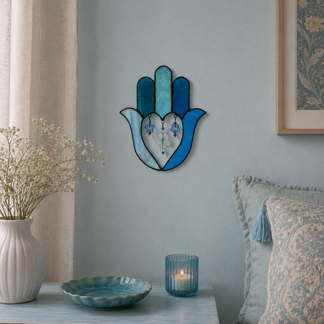 Stained glass Hamsa with beads – side view showing bead detail