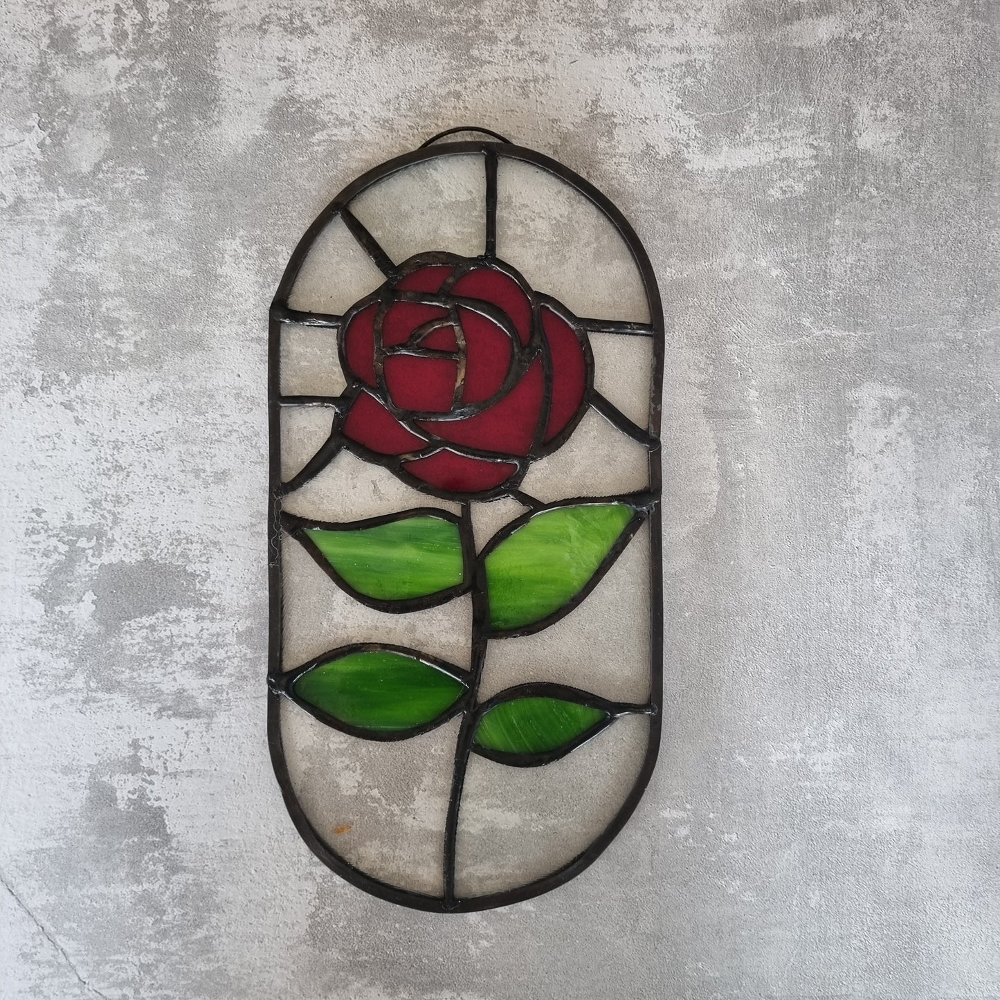 Stained glass red rose – side view showing lead line detail