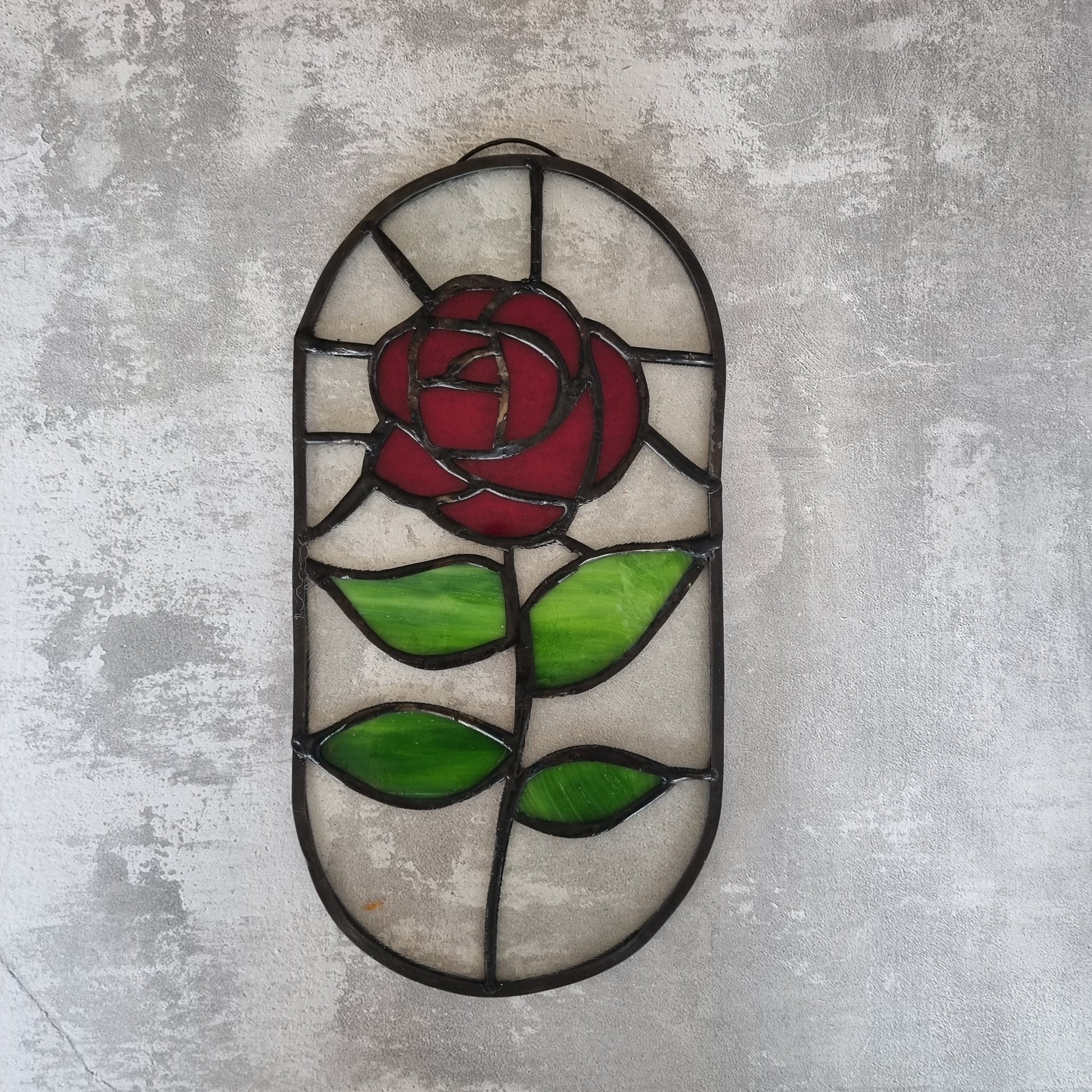 Stained glass red rose – side view showing lead line detail