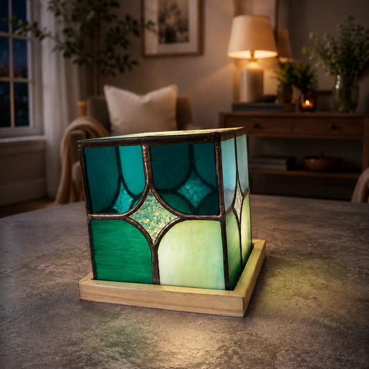 Stained glass lamp on a table in a cozy room setting