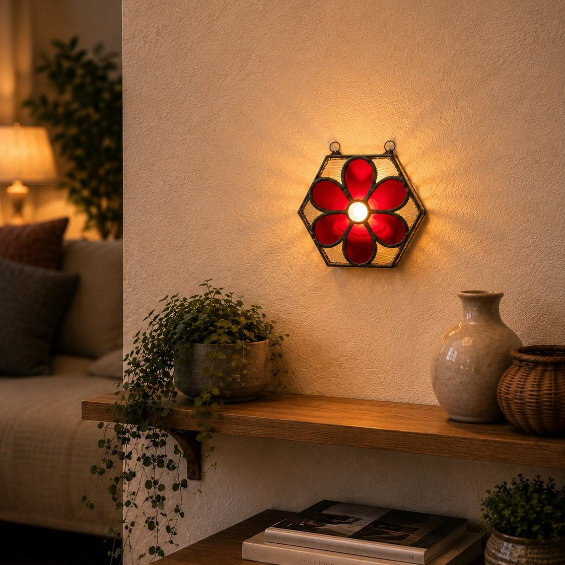 Decorative wall light with red glass in a cozy living room setting.